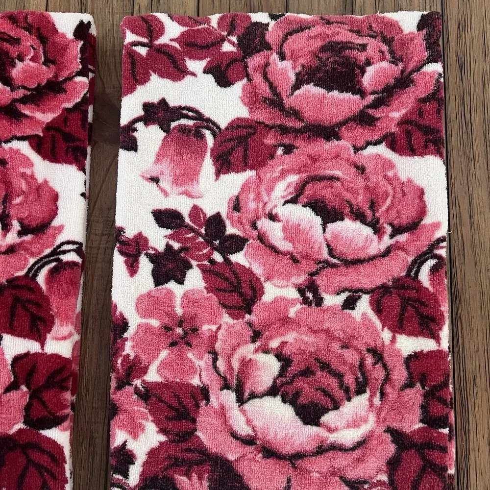 2 vintage Cannon USA made cotton towel pink red roses floral fringe cottagecore